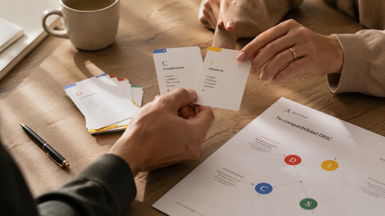 Dos personas comparan sus perfiles DISC con las fichas de colores y su informe de compatibilidad