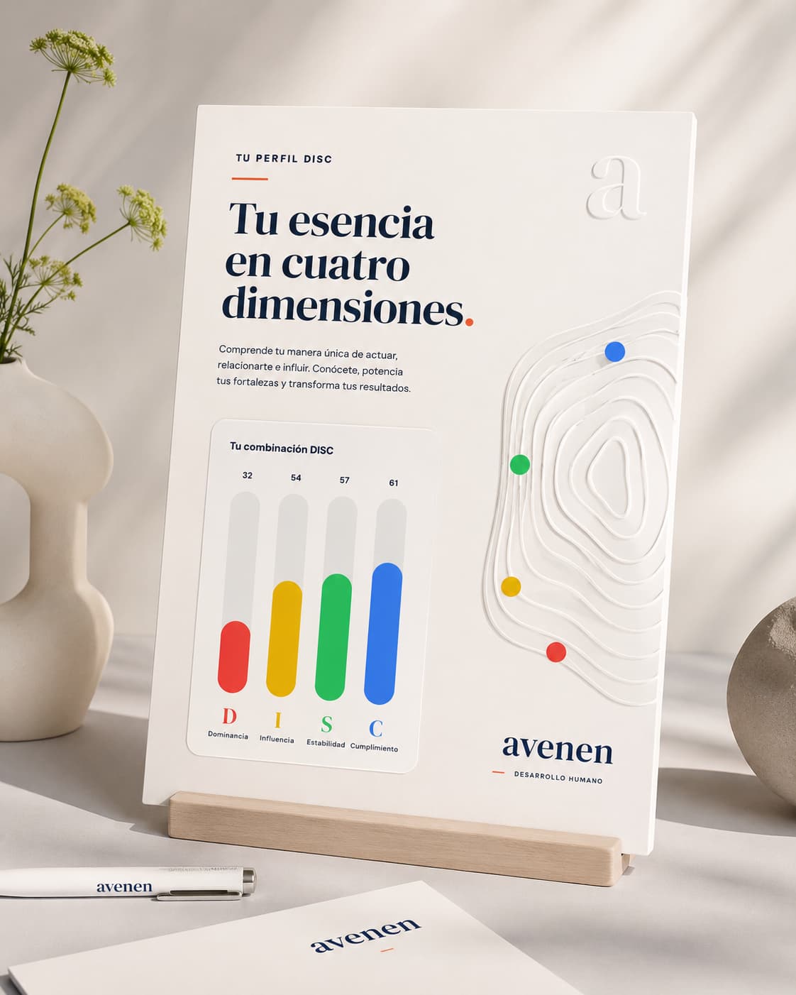 Test de personalidad por colores: gráfica DISC con las cuatro barras — Dominancia roja, Influencia amarilla, Estabilidad verde y Cumplimiento azul