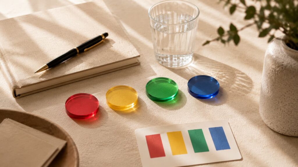 Fichas de colores del test DISC: rojo, amarillo, verde y azul sobre una mesa.
