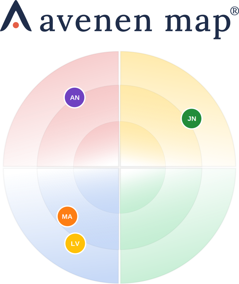Avenen map: las cuatro dimensiones DISC en cuadrantes, con cada persona del grupo situada según su estilo.